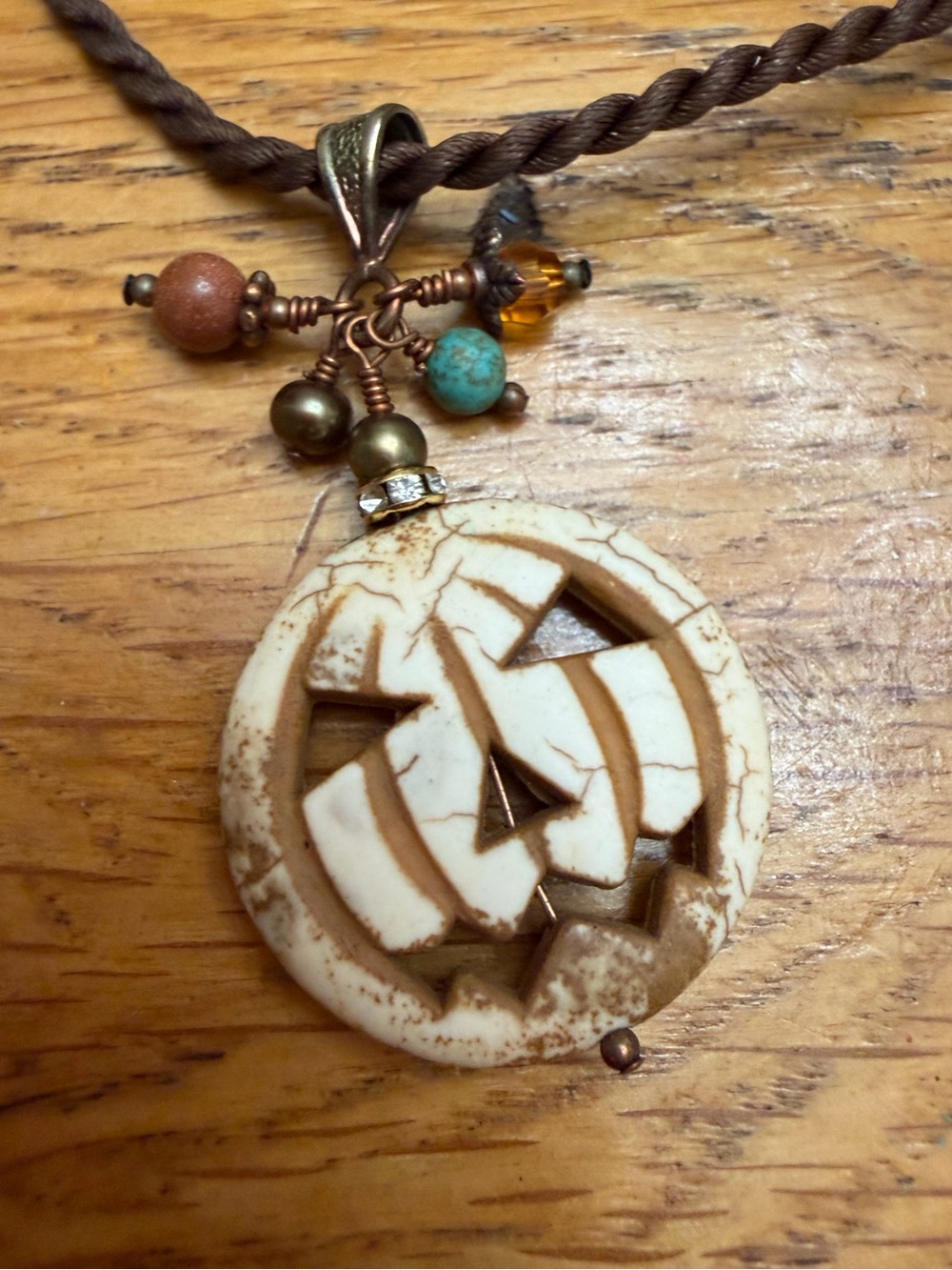 Bohemian Brown Cord Necklace with White Carved pumpkin Pendant